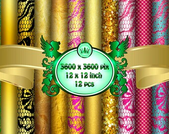 Gold Digital Paper | Foil Digital Paper | Lace Digital Paper | Scrapbooking & Backgrounds | 12"x12" | Commercial Use | Instant Download _