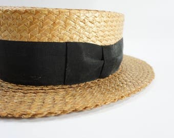 Pedigree Hats, Vintage 1930's Summer Fedora Straw Boater Hat, Natural Woven Hat w/ Black Ribbon, Made in New York, RESERVED Daven