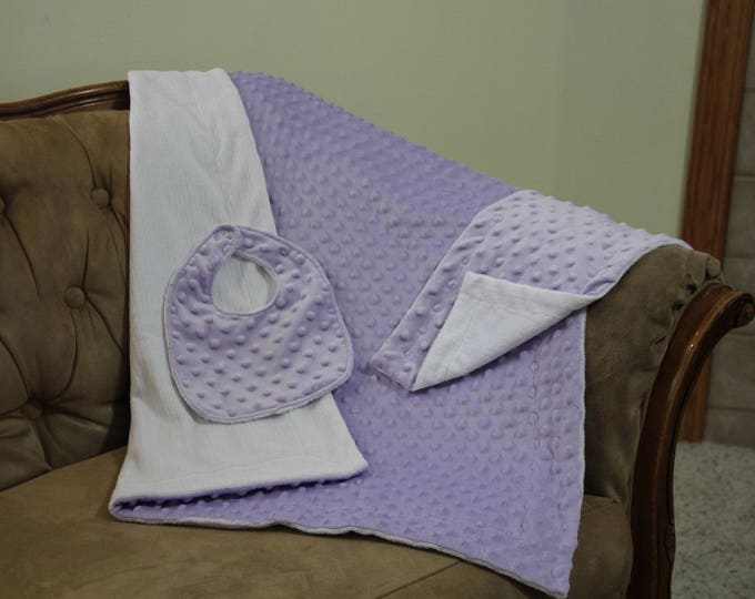 Minky Baby Blanket, Baby Girl Blanket, Stroller Blanket, Baby Shower Gift, Baby Girl Gift, Lavender, FREE Bib & Burp Cloth with Gift Box
