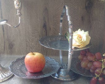 Lovely and unusual triple-dish double-height tiered silver plated cake stand, very pretty and versatile three-plate sandwich & cake stand
