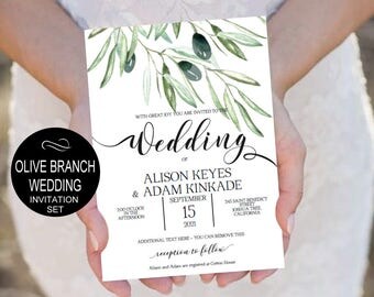 Olive Branch Wedding Invitation Template-Wedding Rustic Watercolor -DIY Printable Wedding Invitation-PDF-Instant Download| VRD135WDK