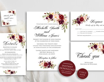 Wedding Invitation Template, Marsala Wedding Invitation, Editable Wedding Invite, Burgundy Wedding Invitation, Instant Download, PDF