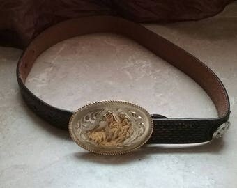 Hand tooled man's leather brown belt with silver and gold belt buckle, belts, men's accessories, leather goods, cowboys, silver belt buckles