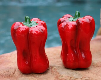 Ay Carumba! - Spicy Ceramic Red Bell Peppers Salt & Pepper Shakers - Hot and Spicy Kitchen Decor - Tex Mex Decor - Live in Moment Vintage