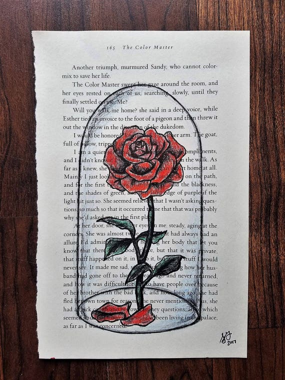 Beauty And The Beast Rose Drawn On Vintage Book Page Princess