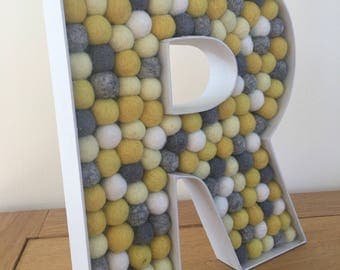 Felt Ball Garland, Decorative Letter R, Feltball Filled Letter R, Nursery Decor, Baby Shower, Reuseable Party Decor