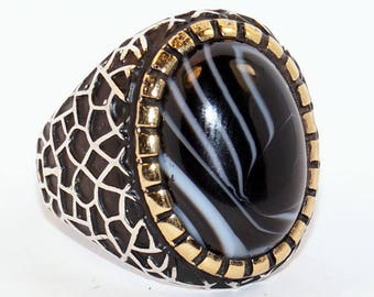 925 Sterling Silver Totally Handmade Men's Ring with Real Precious White Banded Black Agate -Aqeeq