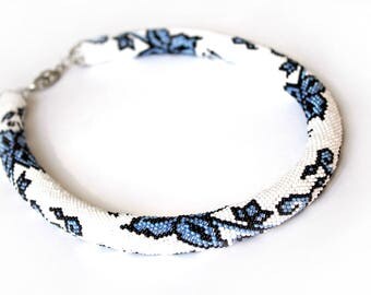 Bead crochet necklace, Bead crochet rope, Beaded jewelry, Statement necklace, Crochet, Flowers, White, Blue, Necklace with bead, Gift