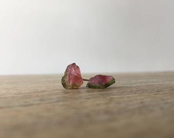 Raw Gemstone Stud Earrings Watermelon Tourmaline Earrings Tiny Crystal Earrings Tiny Stud Earrings October Birthstone Crystal Studs Rough