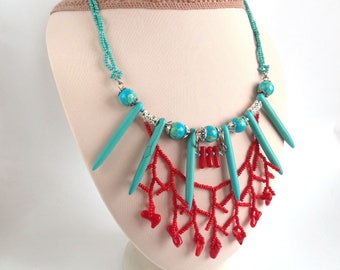 Aqua Red Necklace Natural Howlite Coral necklace Stone women gift Elegant gemstone necklace Beadwork Stone jewelry Evening jewelry For her