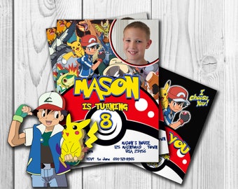 Pokemon Invitation , Pokemon with Photo, Pokemon Party, Pokemon, Pokemon Invites, Personalised Pokemon, Ash, Pikachu , Free thank you card