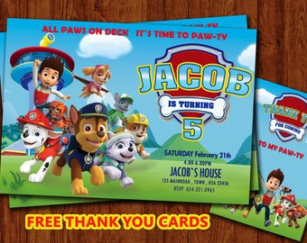 Paw Patrol invitation, Paw Patrol Birthday, Paw Patrol Party, PawPatrol Invite, Custom, Personalised Invitation, Paw Free thank you cards
