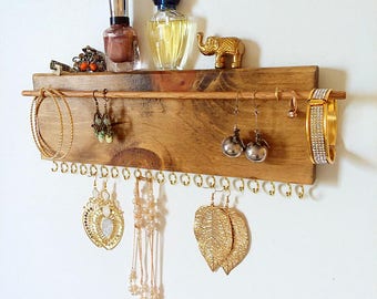 Jewelry organizer wall mount, reclaimed wood shelf, jewelry display, necklace holder, earrings display, key holder, wood shelf, gift for her