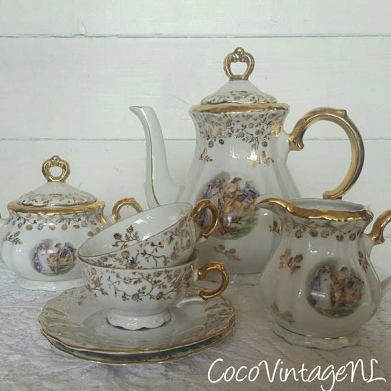 Bavaria bareuther tea set 24k gold scène fragonard love couple