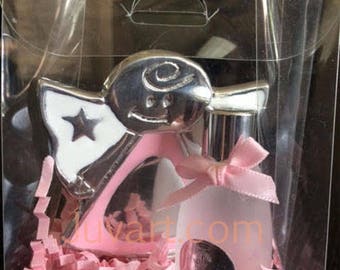 6 Kits personalizados adorables - estaño Angel rosa o azul + Mini botella de agua para bendecir / RECUERDOS Bautizo personalizado