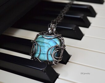 Blue Green Labradorite Pendant Necklace Oxidized Sterling Silver Birthday Anniversary Unique