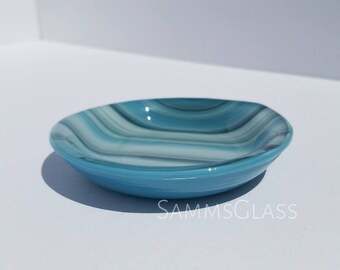 Streaky Blue Fused Glass Soap Dish Candle Holder
