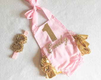 1st birthday romper - pink and gold romper - 1st birthday girl outfit - first birthday girls outfit - first birthday romper - halter romper