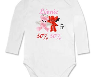50% 50% baby Angel or demon personalized with name Bodysuit
