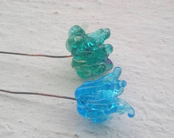 Duo of blue flowers on stems - Lampwork Glass