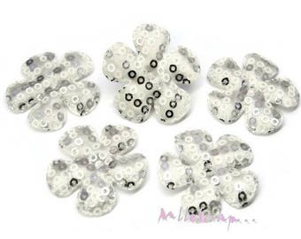 White set of 5 flowers embellishment scrapbooking also sequins fabric