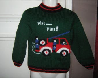 "Firefighter" green sweater t. 4t hand knitted
