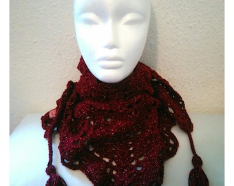Cheich femme (écharpe triangulaire) au crochet couleur bordeaux