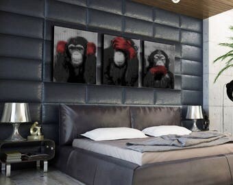 Painting on canvas triptych the 3 monkeys 3 x (30 x 40)