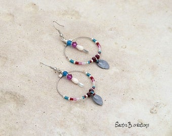 Hoop earrings Bohemian chic silver Leafs and multicolor beads