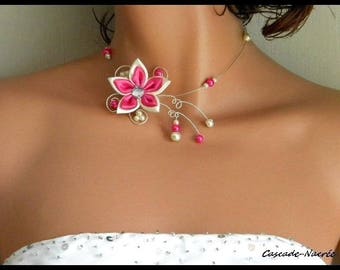 Bridal flower JULINE fuschia silver Ivory Pearl bridal necklace