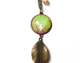 Collier pendentif cabochon *Poline nature* en bronze, collier cabochon, sautoir avec motif nature, apprêt, breloque et perle