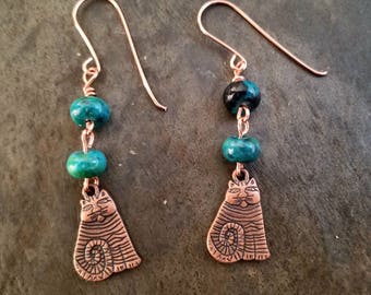 Primitive Chrysocolla Cat Dangle Earrings Gemstone Beads Rustic Jewelry Natural Stones Primitive Chrysocolla Cat Dangle Earrings Gemstone Beads Rustic Jewelry Natural Stones
