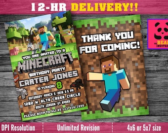Mine Themed Birthday Invitation with FREE Thank you Card! Minecraft Invitations,Minecraft birthday party invites, Minecraft party supplies