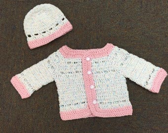 Crocheted Sweater and Hat Set Light bluemint green with pink