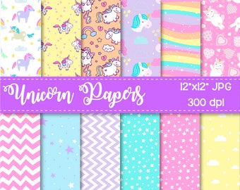 70% OFF SALE Unicorn Digital Papers, Pastel Unicorn Stars and Hearts, Scrapbook Paper, Printable Background, Unicorn Party, 12 JPG, 300 dpi