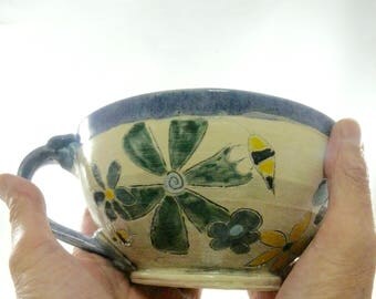 Handled Soup Mug , Oversized mug, Latte Cup, Bowl with Handle, Large Tea Cup, Ceramics and Pottery, Gift for Him, Save the Bees 876