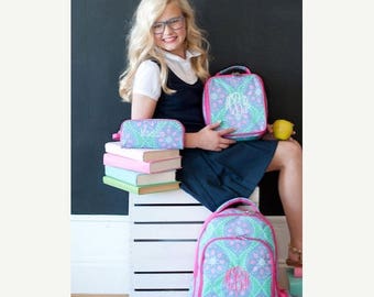 ON SALE Monogram backpack - back to school - monogram backpack for girls - hair bow - backpack and lunch bag set - lunch box - pencil box -