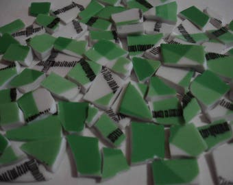 Mosaic Tiles Green Plaid w White Black Mosaic Tiles Pieces - Broken China Plate -Tessera