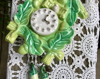Vintage Yellow and Green Pottery Coo Coo Clock Wall Pocket