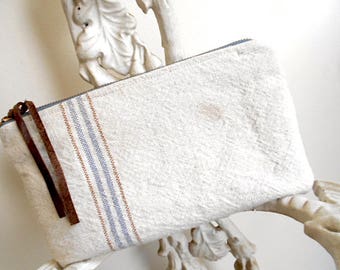 Large grain sack clutch, large utility pouch, cosmetic bag - striped feedsack - eco vintage fabrics