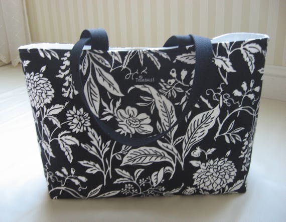 Large Tote Beach Bag Cotton Fabric Black & White Floral