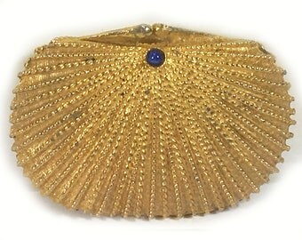 Vintage Solid Perfume Compact, Estee Lauder, Gold Filigree, Blue Lapis Lazuli Cabochon Jewel