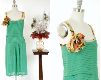 Vintage 1920s Dress - Gorgeous Semi-Sheer Green Silk Drop Waist Day Dress Restored with 30s Floral Trim