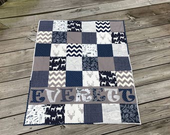 Navy Blue -Modern - Personalized Baby Quilt - Blanket - Crib Size - Animals - Gray - Woodland - Deer - Antlers - Feathers - Elk - Name