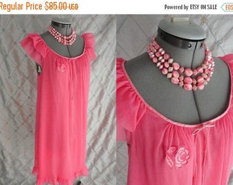ON SALE 60s Lingerie // Vintage 1960s Bubble Gum Pink Chiffon Nightgown with Floral Appliques Size M L