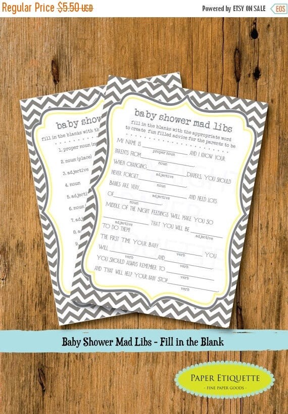 10% Sale INSTANT UPLOAD Baby Shower Game Mad Libs Gray