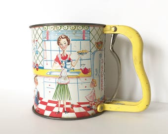 Vintage Tin Flour Sifter Mid Century Lithograph Housewife Children Homemade Pie