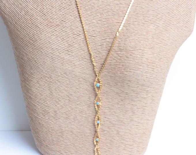 Braided Chain Tassel Necklace Turquoise Bead Gold Vintage