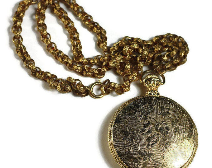 Max Factor Powder Compact Necklace Embossed Floral Design Pocket Watch Case Style Necklace