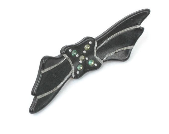 Art Deco Black Celluloid Pin Bow Shape with Rhinestones Etched Design Vintage